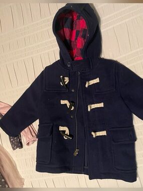 Toddler Navy Hooded Toggle Coat with Red Plaid Lining